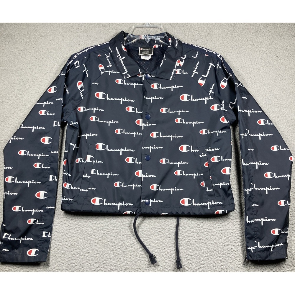 Champion Coaches Jacket Women's Medium Blue Zipper Tape Full Zip Cropped STAINS